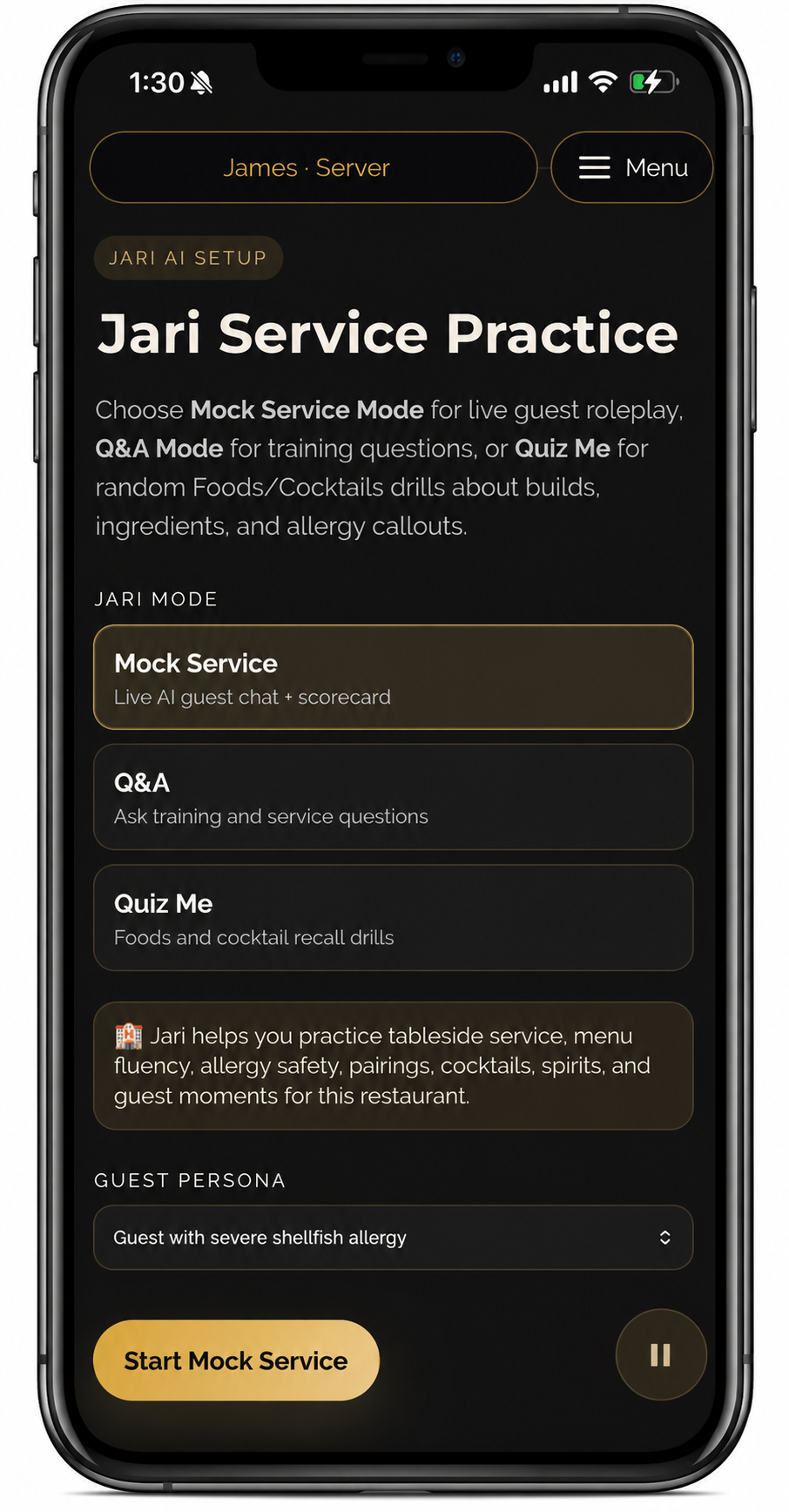 JARI Service Practice shown in Carmen's HospitalityOS portal